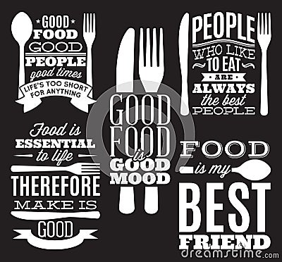 Set of vintage typographic food quotes for menu or t-shift with knife, spoon, fork Vector Illustration