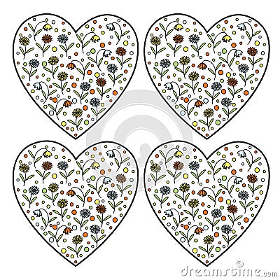 Set of vintage vector heart stamps with daisy flowers and bellflowers inside Vector Illustration