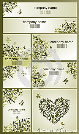 Set of vintage visiting cards and banners with floral olive design Vector Illustration