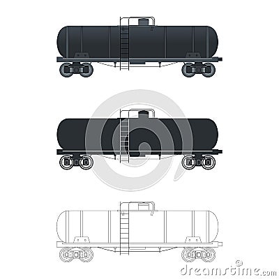 Set vintage wagon cistern tank train. Three different options: color, silhouette, outline Vector Illustration