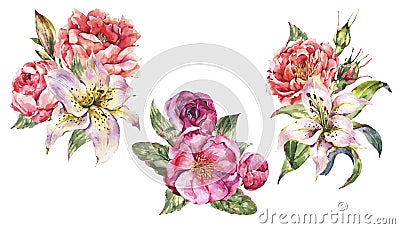 Set of Vintage Watercolor bouquets with Blooming Flowers. Roses, Peonies, White Royal Lilies Stock Photo