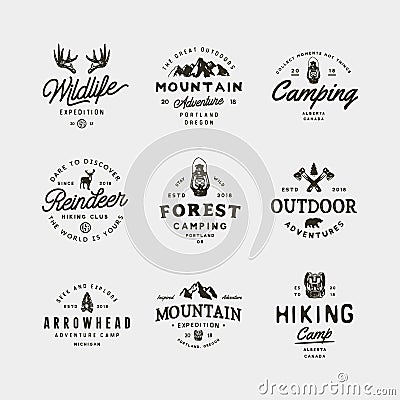 Set of vintage wilderness logos. hand drawn retro styled outdoor adventure emblems. vector illustration Vector Illustration