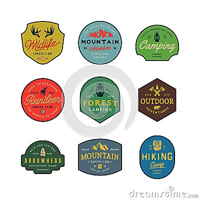 Set of vintage wilderness logos. hand drawn retro styled outdoor adventure emblems. vector illustration Vector Illustration