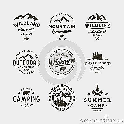 Set of vintage wilderness logos. hand drawn retro styled outdoor adventure emblems. vector illustration Vector Illustration