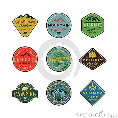 Set of vintage wilderness logos. hand drawn retro styled outdoor adventure emblems. vector illustration Vector Illustration