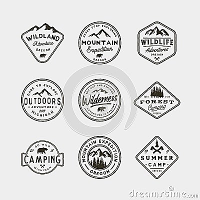 Set of vintage wilderness logos. hand drawn retro styled outdoor adventure emblems. vector illustration Vector Illustration