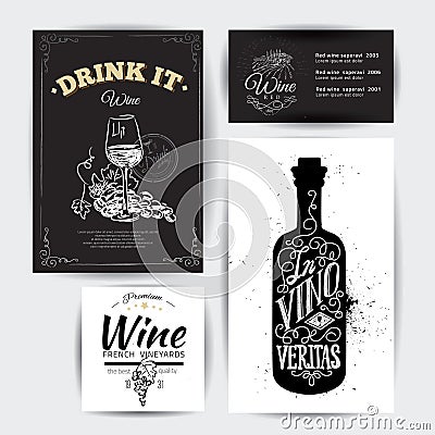 Set of vintage wine typographic quotes. Vector Illustration