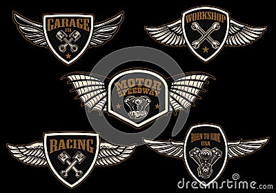 Set of vintage winged emblems. Racing, motorcycles, repair workshop. Design element for logo, label, sign, poster, t shirt. Vector Illustration