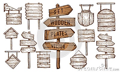 Set wooden banner, sign posts or boards. Signboard, signpost with signs indicating direction. Sketch vintage vector Vector Illustration