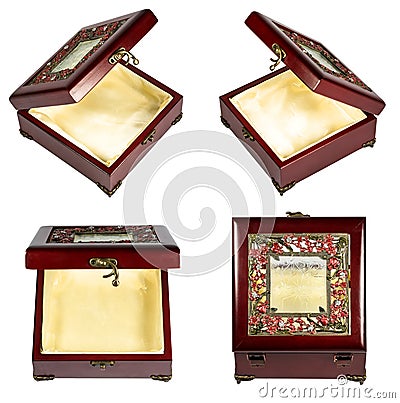 Set with vintage wooden red casket, isolated on a white Stock Photo