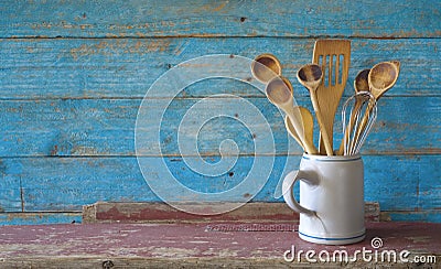 Set of vintage wooden spoons in a mug, kitchen utensils, cooking,food, culinary concept,copy space Stock Photo