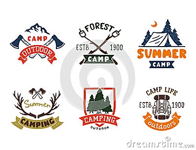 Set of vintage woods camp badges and travel logo hand drawn emblems nature mountain camp outdoor vector illustration. Vector Illustration