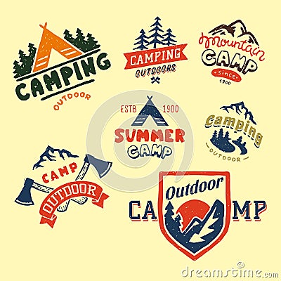 Set of vintage woods camp badges and travel logo hand drawn emblems nature mountain camp outdoor vector illustration. Vector Illustration