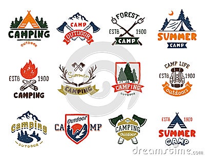 Set of vintage woods camp badges and travel logo hand drawn emblems nature mountain camp outdoor vector illustration. Vector Illustration