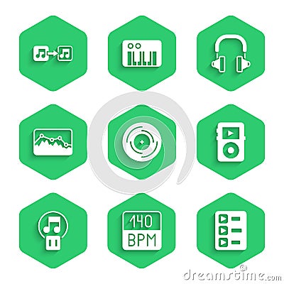 Set Vinyl disk, Bitrate, Music playlist, player, Pause button, wave equalizer, Headphones and note, tone icon. Vector Stock Photo