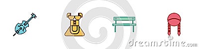 Set Violin, Costume for women dirndl, Bench and Braid icon. Vector Vector Illustration