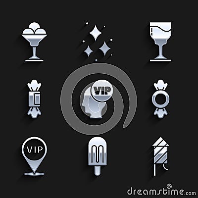 Set Vip inside head, Ice cream, Firework rocket, Candy, Location, Wine glass and bowl icon. Vector Vector Illustration