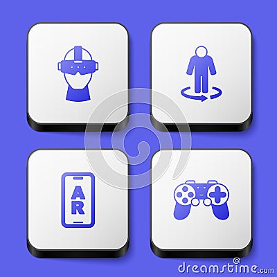 Set Virtual reality glasses, 3d modeling, Augmented AR and Gamepad icon. White square button. Vector Vector Illustration