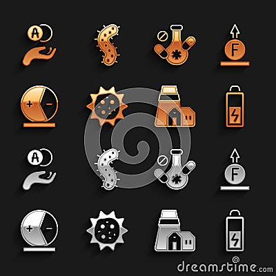 Set Virus, Force of physic formula, Battery, Power station plant, Atom, Medicine pill, and icon. Vector Vector Illustration