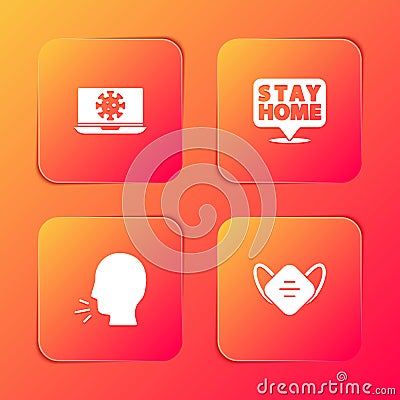 Set Virus statistics on laptop, Stay home, Man coughing and Medical protective mask icon. Vector Vector Illustration