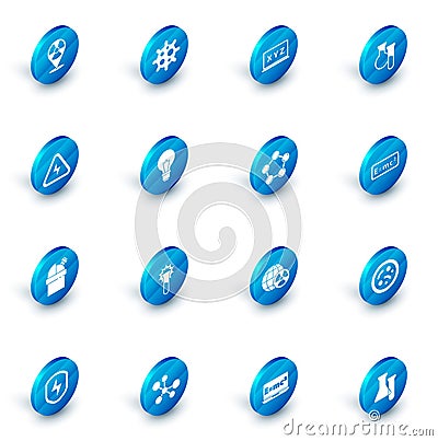 Set Virus, XYZ Coordinate system, Test tube and flask, High voltage, Astronomical observatory, Light bulb with concept Vector Illustration
