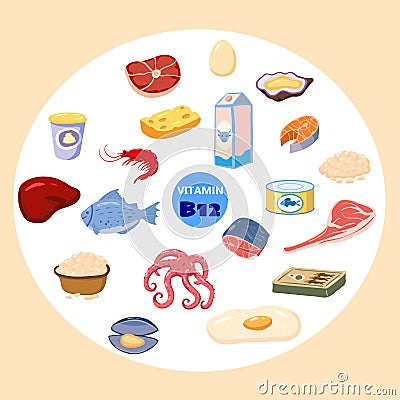 Set of Vitamin B12 origin natural sources. Healthy diary sea food, cottage cheese, meat, fish. Organic diet products Vector Illustration