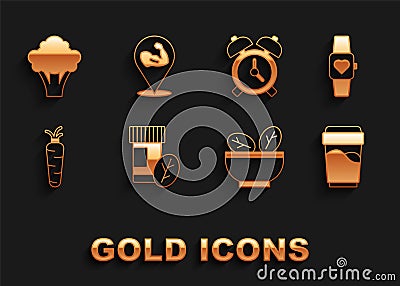 Set Vitamin pill, Smart watch, Glass with water, Salad bowl, Carrot, Alarm clock, Broccoli and Bodybuilder muscle icon Vector Illustration
