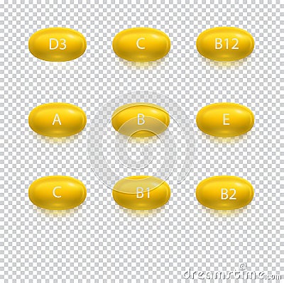 Set of vitamin yellow capsules isolated on transparent background. Vitamin A, B1, C, D3, E, B12, B1, B2. Vector Illustration