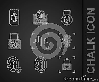 Set Voice recognition, Fingerprint, with lock, Face, Rejection fingerprint, and Mobile scan icon. Vector Stock Photo