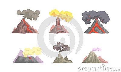 Set of volcano eruption. Volcanoes with magma flowing down, smoke and ash vector illustration Vector Illustration