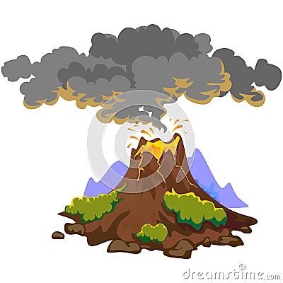 A set of volcanoes of varying degrees of eruption, a sleeping or awakening dangerous vulcan, salute from magma ashes and Vector Illustration