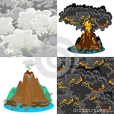 A set of volcanoes of varying degrees of eruption, a sleeping or awakening dangerous vulcan, salute from magma ashes and Vector Illustration