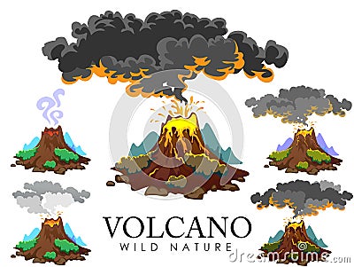 A set of volcanoes of varying degrees of eruption, a sleeping or awakening dangerous vulcan, salute from magma ashes and Vector Illustration