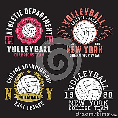 Set of Volleyball New York print for apparel with ball. Collection of vintage typography emblem for t-shirt. Vector. Vector Illustration