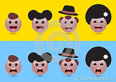 Set of volume brown woman, man, kids emoji. Funny expressing soc Vector Illustration