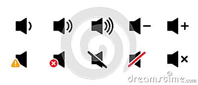A set of volume control icons in flat design style, representing various audio states such as increasing, decreasing Vector Illustration