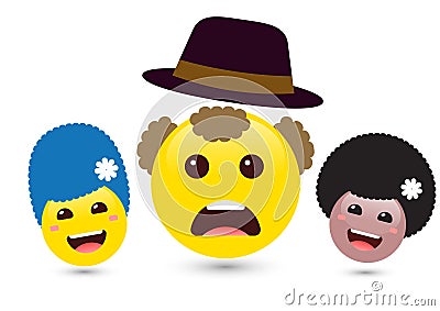 Set of volume smiling women and yellow man emoji with hat. Vector illustration of family of cute smiley emoticons on white Vector Illustration
