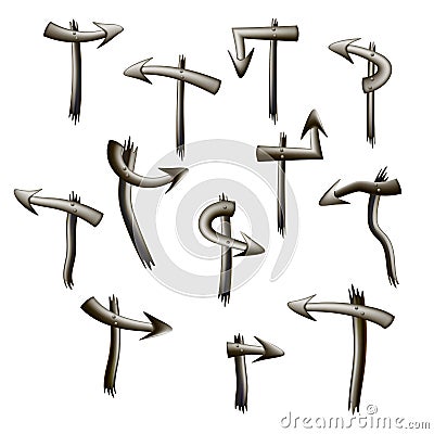 Set of volumetric metallic arrows pointers on pillar isolated on white. Post with direction pointer. Vector illustration Vector Illustration
