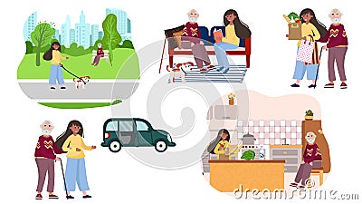 Set of volunteer helps senior with cane. Woman support old man in transportation to hospital, mall, rehabilitation Vector Illustration