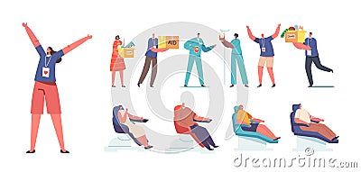 Set Of Volunteers And Donors. People With Humanitarian Aid And Donation Boxes In Hands. Male And Female Characters Vector Illustration