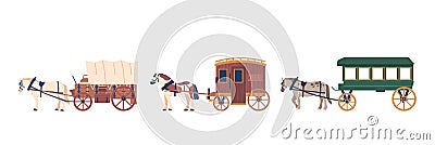 Set Of Wagons Isolated On White Background. Sturdy And Practical Horse-drawn Vehicles, Cartoon Vector Illustration Vector Illustration