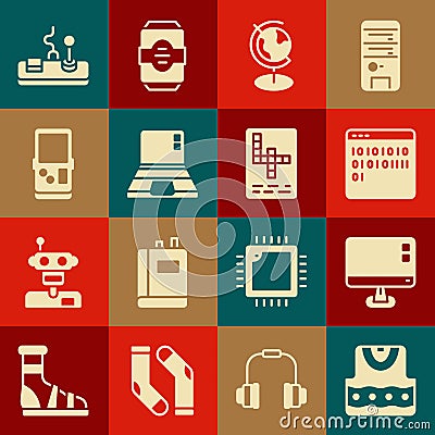 Set Waistcoat, Computer monitor screen, Binary code, Earth globe, Laptop, Tetris, Gamepad and Crossword icon. Vector Vector Illustration