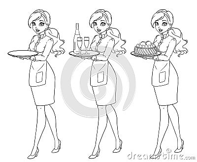 Set of waitresses holding champagne and cake, wearing uniform. Vector Illustration