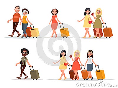 Set walking airplane passengers. Man, woman, friends with luggage on an isolated background. Cartoon Illustration