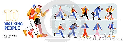 Set of walking people, diverse pedestrians walk Vector Illustration