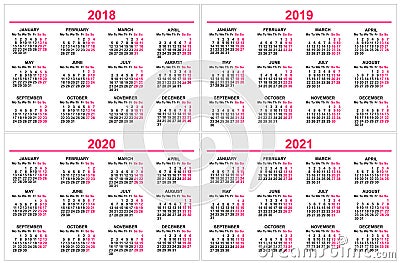 Set wall Calendar 2018, 2019, 2020, 2021 grid template Vector Illustration