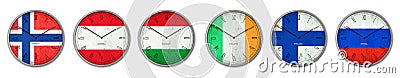 Set, Wall clock in the color of Norway, Austria, Hungary, Ireland, Finland, and Russia flags. Signs and symbols. Isolated on a Stock Photo