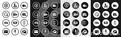 Set Wallet with coins, Calculator dollar symbol, Clock 24 hours, Cryptocurrency Bitcoin, Closed wallet, money bag, Money Vector Illustration