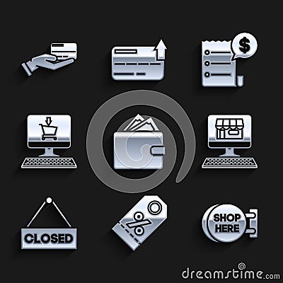 Set Wallet with stacks paper money cash, Shopping building screen computer, Hanging sign text Closed, cart, Paper check Vector Illustration