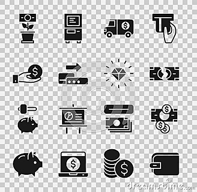 Set Wallet, Stacks paper money cash, Tearing banknote, Armored truck, Pos terminal, Hand giving, Money plant the pot and Stock Photo